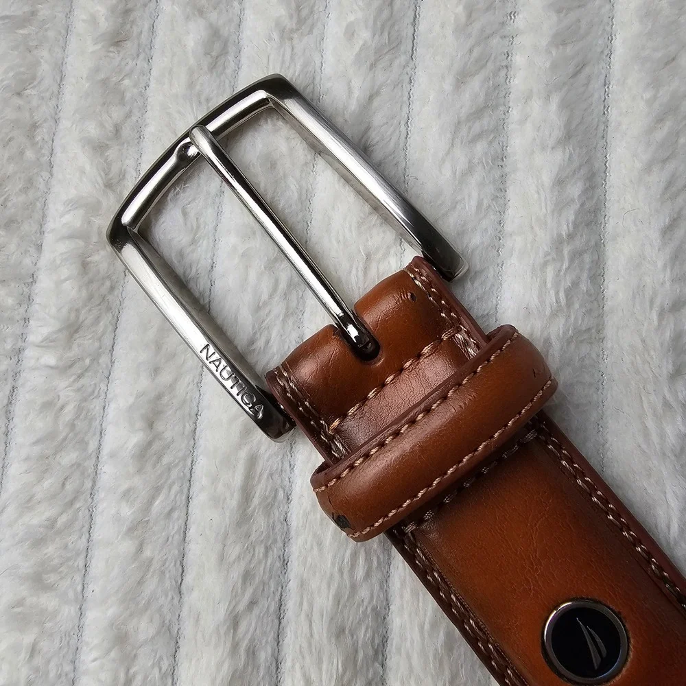 Nautica Mens Coated Leather Stitch Detail Belt 34 Brown Classic Preppy